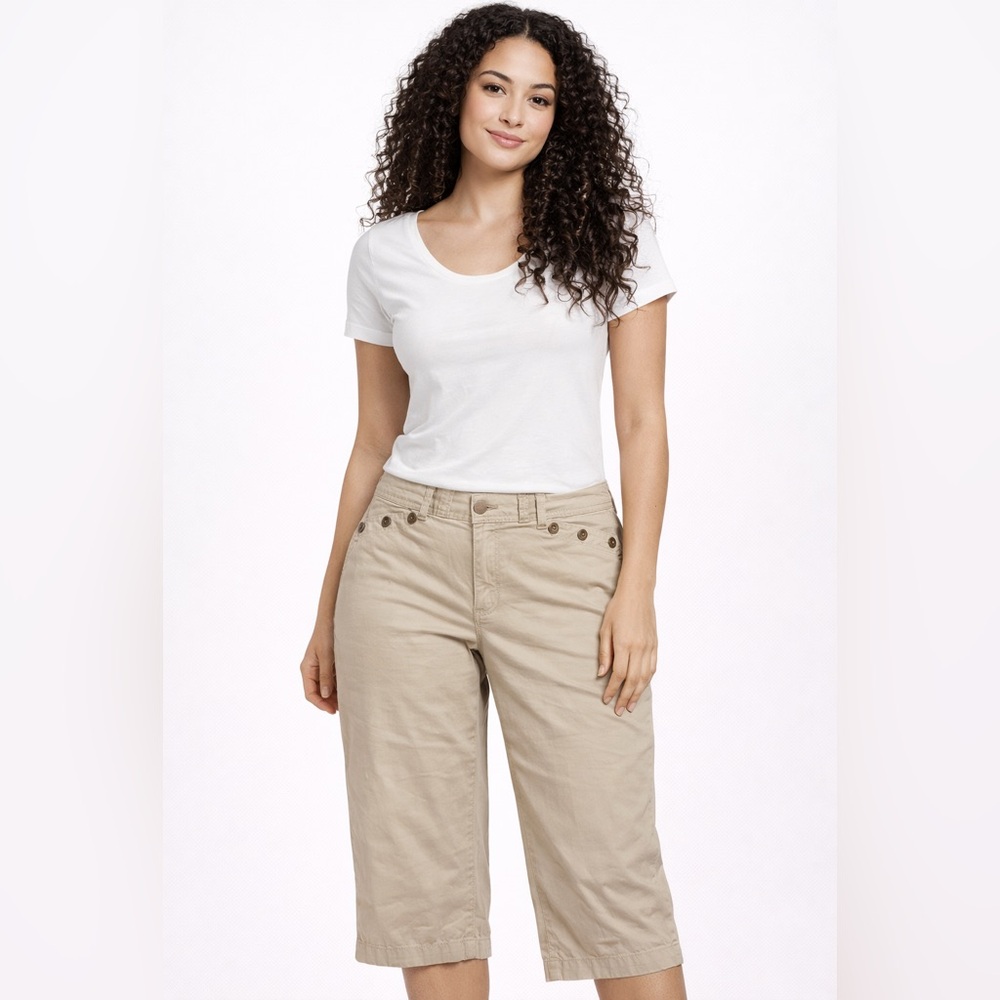 Ann Taylor Beige‎ Cropped Chino Pants Size 12 Button Waist 100% Cotton Pockets